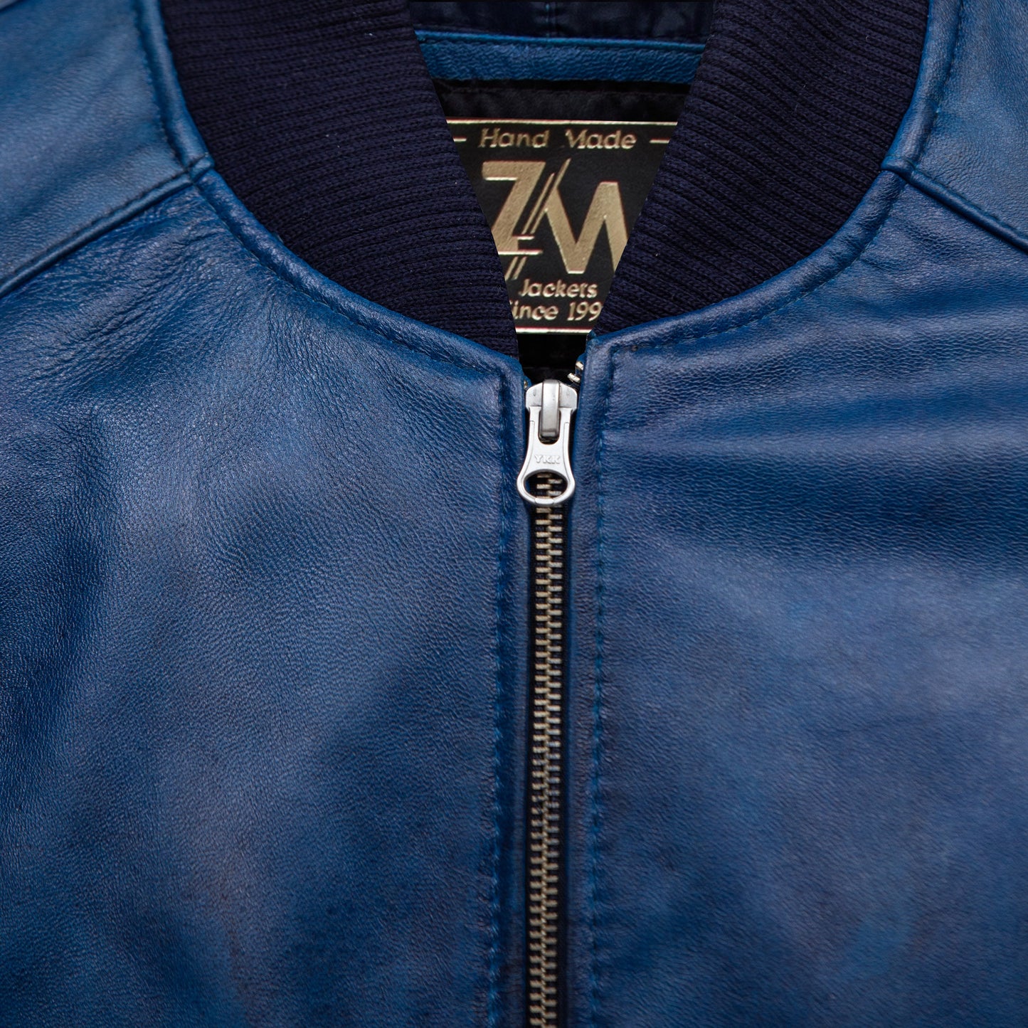 knit rib collar Men’s Real sheep Leather Jacket Ocean Blue - Cafe Racer By ZM Men jacket