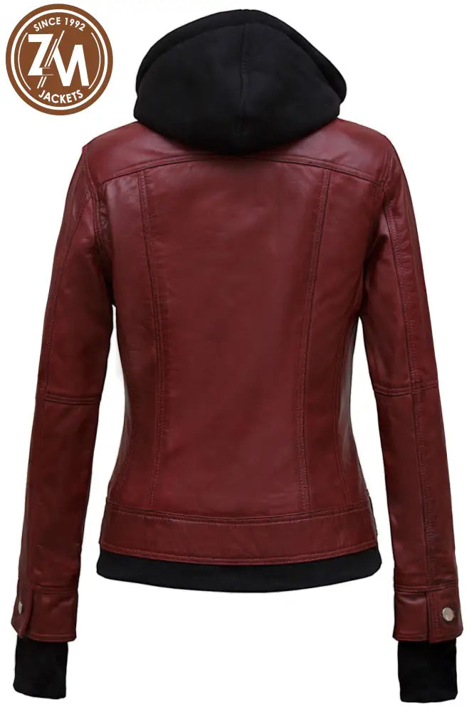 Annie Women Maroon Real Leather Jacket With Removeable Hood Ladies Jacket back view