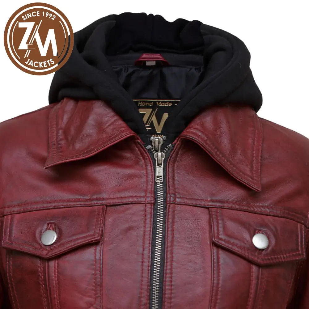 Annie Women Maroon Real Leather Jacket With Removeable Hood Ladies Jacket collar style
