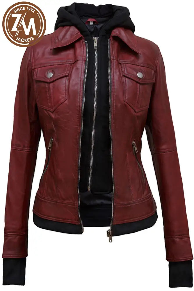 Annie Women Maroon Real Leather Jacket With Removeable Hood Xs Ladies Jacket open front view