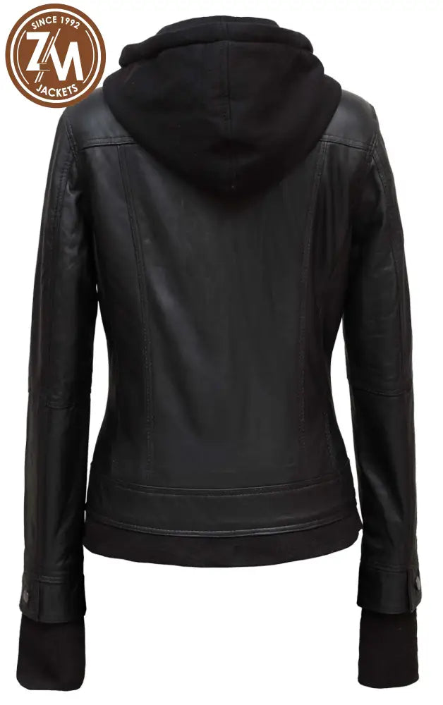 Annie Womens Black Hooded Leather Jacket Ladies Jacket back view