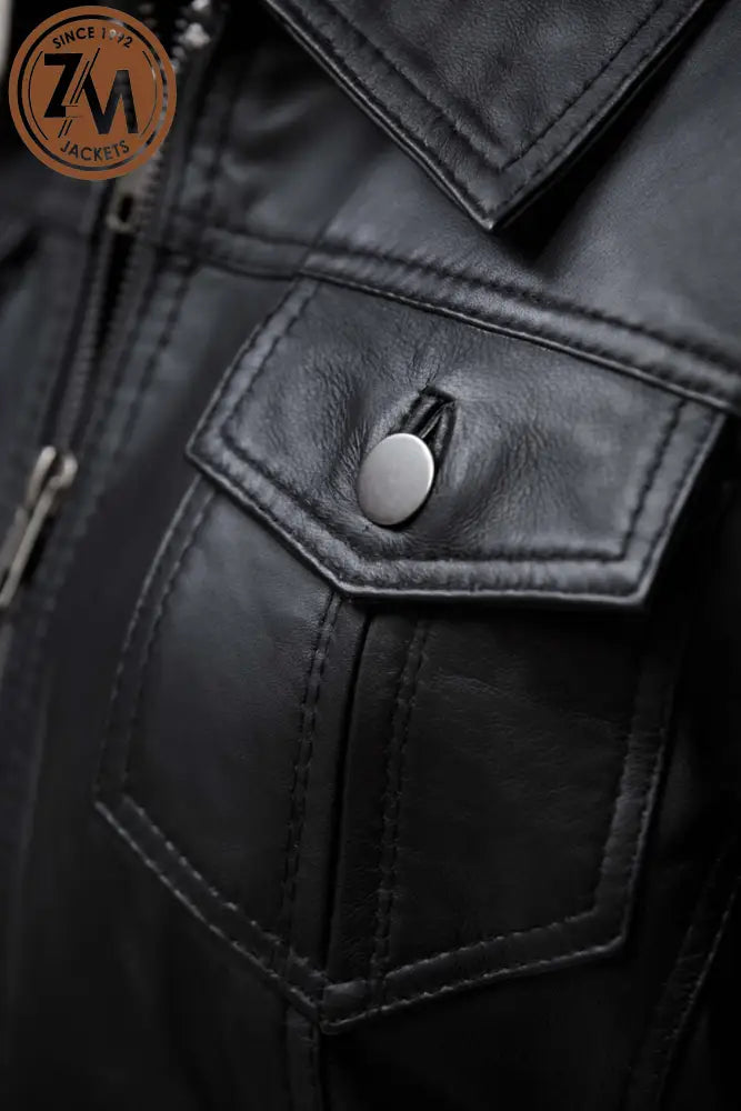 Annie Womens Black Hooded Leather Jacket Ladies Jacket Chest flap pocket