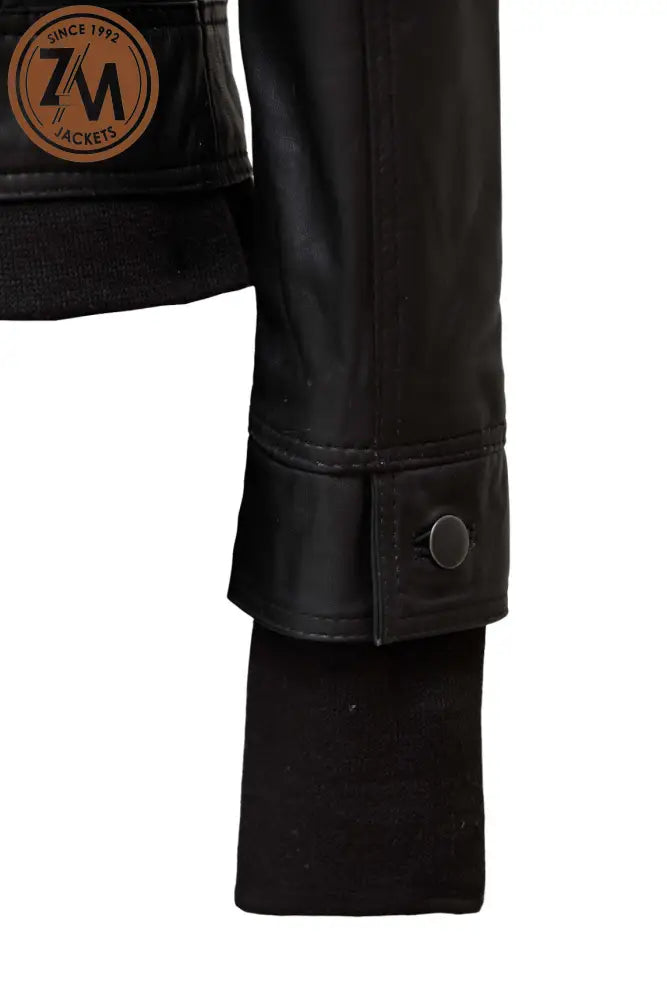 Annie Womens Black Hooded Leather Jacket Ladies Jacket cuff closer