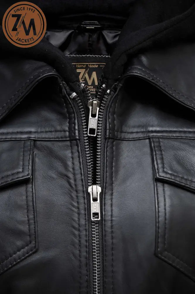 Annie Womens Black Hooded Leather Jacket Ladies Jacket front closer