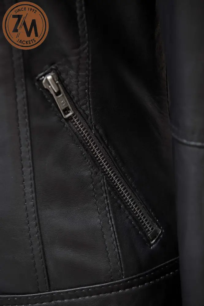 Annie Womens Black Hooded Leather Jacket Ladies Jacket hand zipper pocket