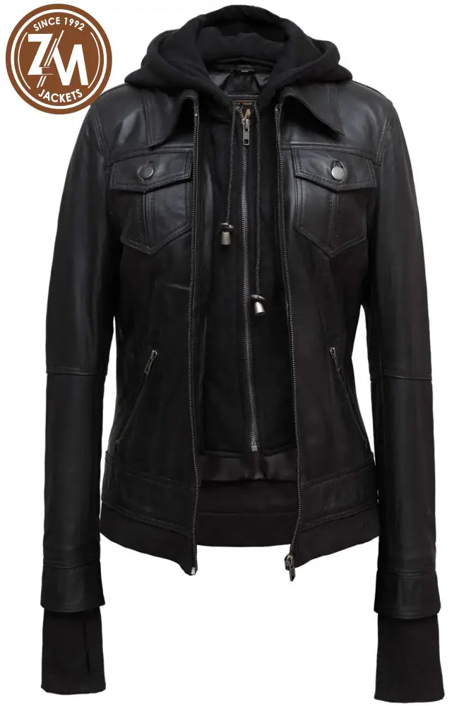 Annie Womens Black Hooded Leather Jacket Xs Ladies Jacket open style