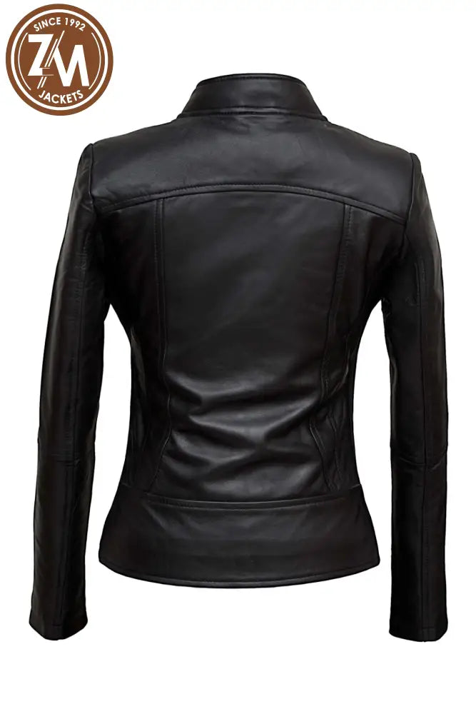 Bella Womens Black Biker Leather Jacket Ladies Jacket back view