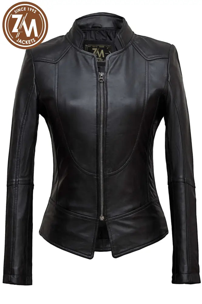 Bella Womens Black Biker Leather Jacket Xs Ladies Jacket front view