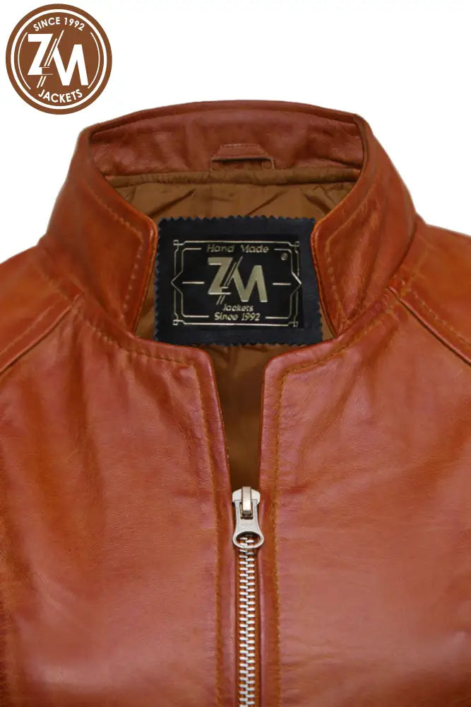 Bella Womens Cognac Biker Leather Jacket Ladies Jacket collar style