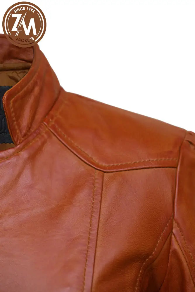 Bella Womens Cognac Biker Leather Jacket Ladies Jacket shoulder style