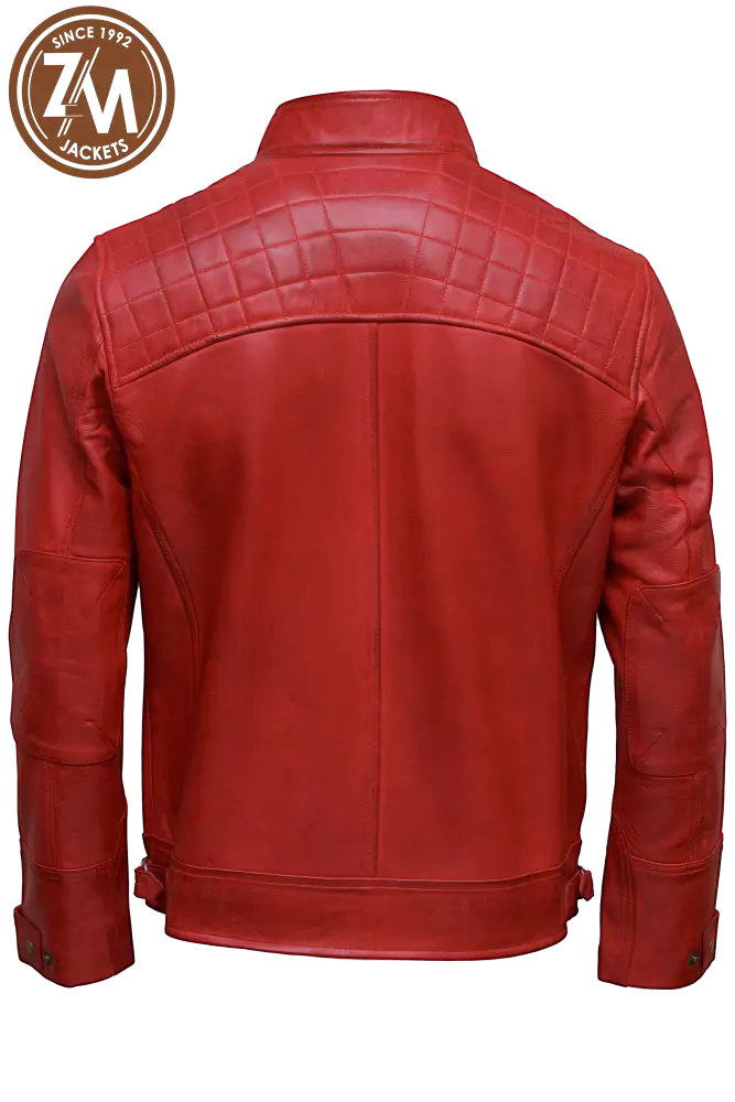 Diamond Men’s Real Sheep Leather Jacket Red Men back