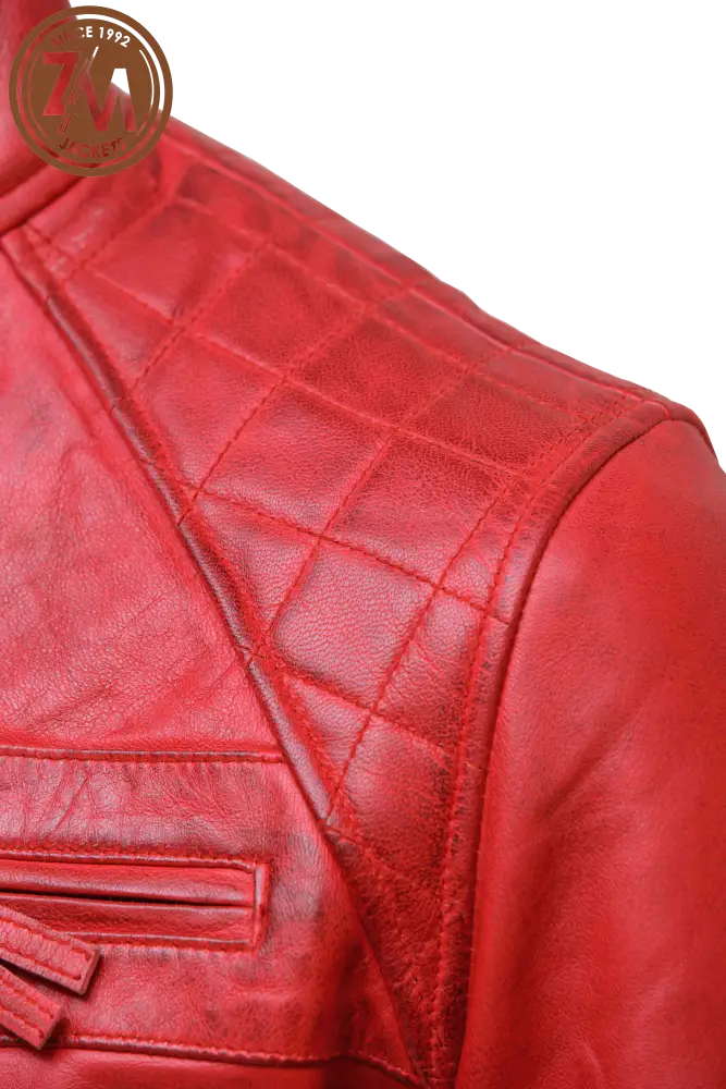 Diamond Men’s Real Sheep Leather Jacket Red Men shoulder