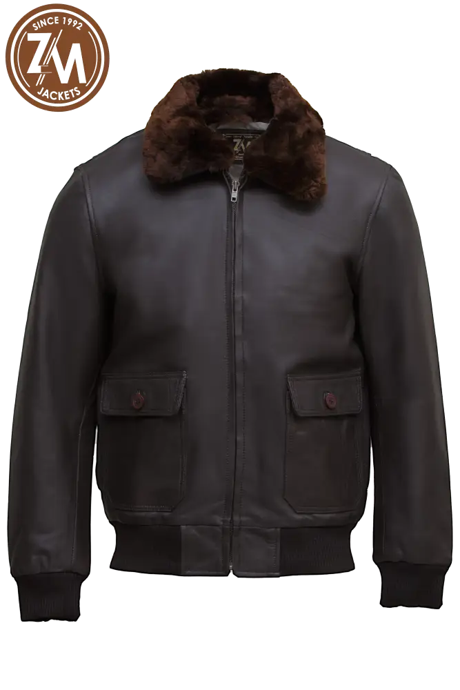 Inferno Bomber Real Sheep Leather Jacket Removeable Collar Fur Men’s Brown Men Jacket front