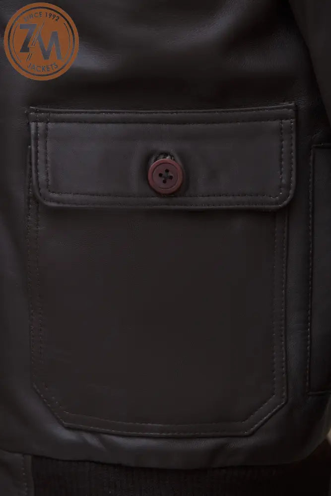 Inferno Bomber Real Sheep Leather Jacket Removeable Collar Fur Men’s Brown Men Jacket hand flap pocket and hand pocket