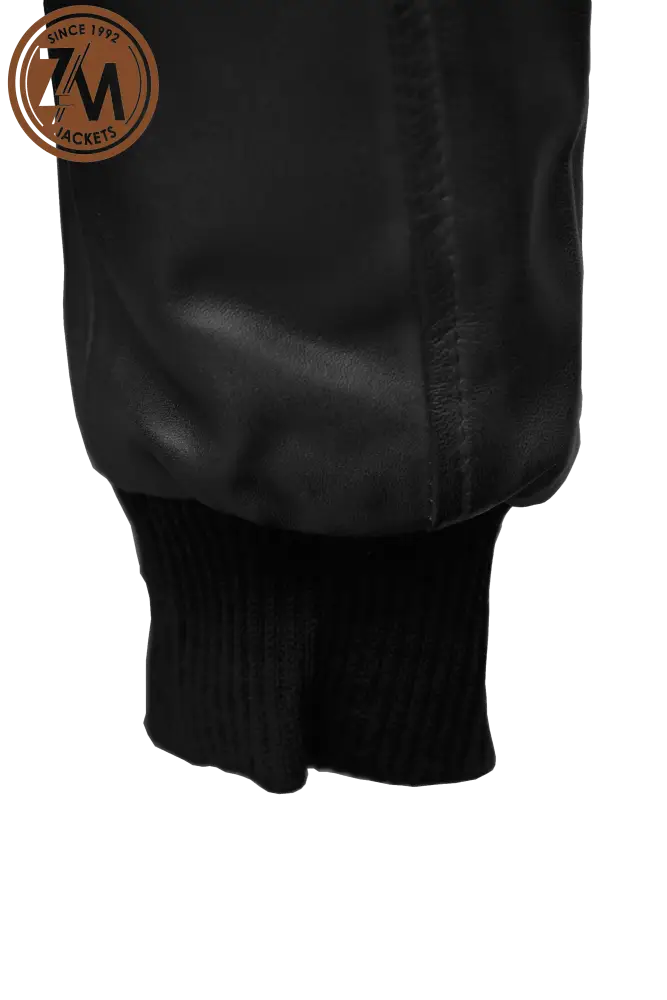 men's black leather jacket with knit rib on cuff