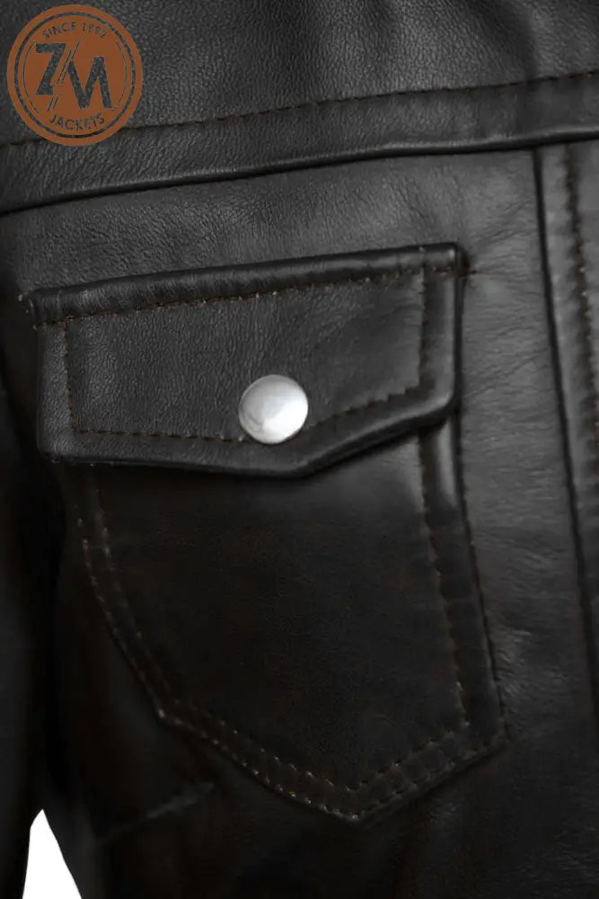 Luna Womens Black Leather Jacket With Removeable Hood Ladies Jacket front flap pocket