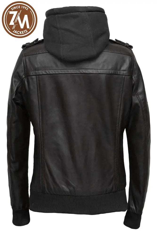 Luna Womens Black Leather Jacket With Removeable Hood Ladies Jacket back view