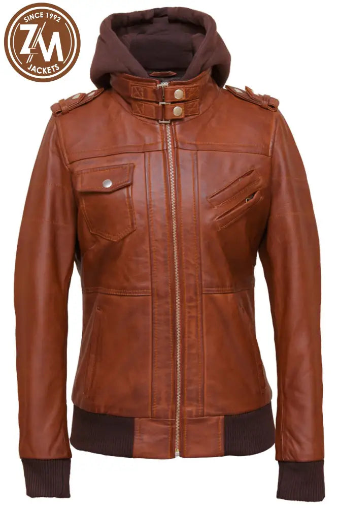 Luna Womens Cognac Leather Jacket With Removeable Hood Ladies Jacket front