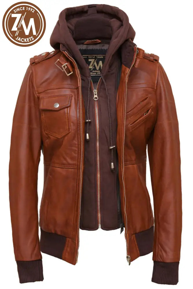 Luna Womens Cognac Leather Jacket With Removeable Hood Ladies Jacket front open