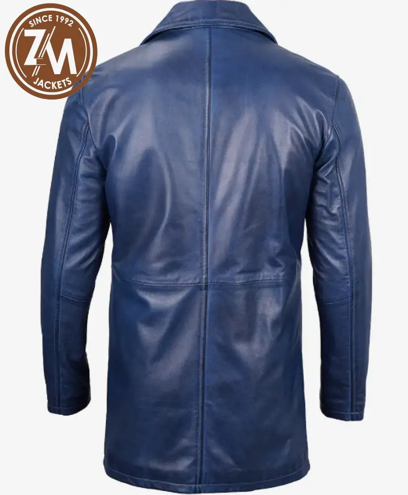 Mathew Men’s Blue Leather Car Coat - Real Sheep Leather Men coat