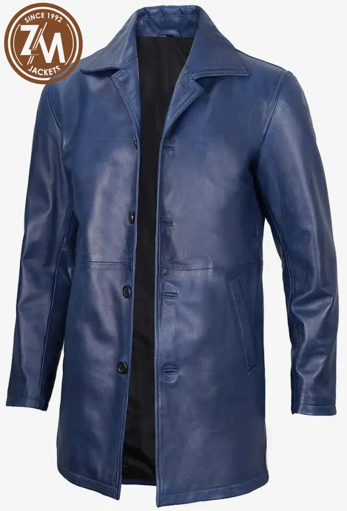 Mathew Men’s Blue Leather Car Coat - Real Sheep Leather XS Men coat
