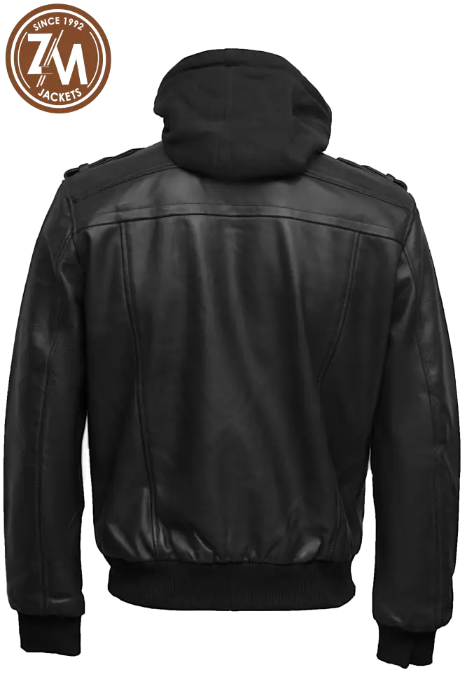 Back view of men's black leather jacket with removable hood