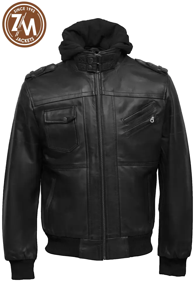 Front view of men's black leather jacket with removable hood