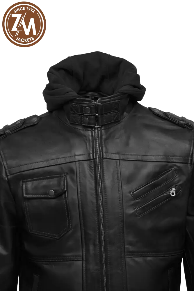 Front view of men's black leather jacket with removable hood and chest pockets and collar style