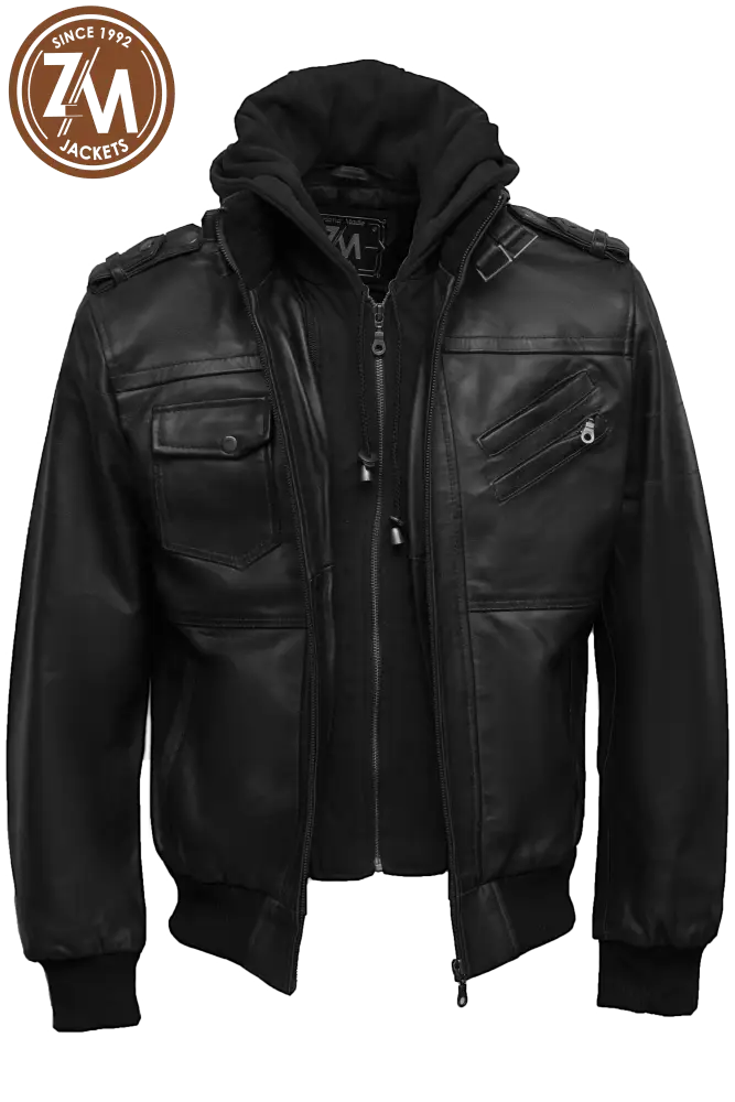 Front view of men's black leather jacket with removable hood