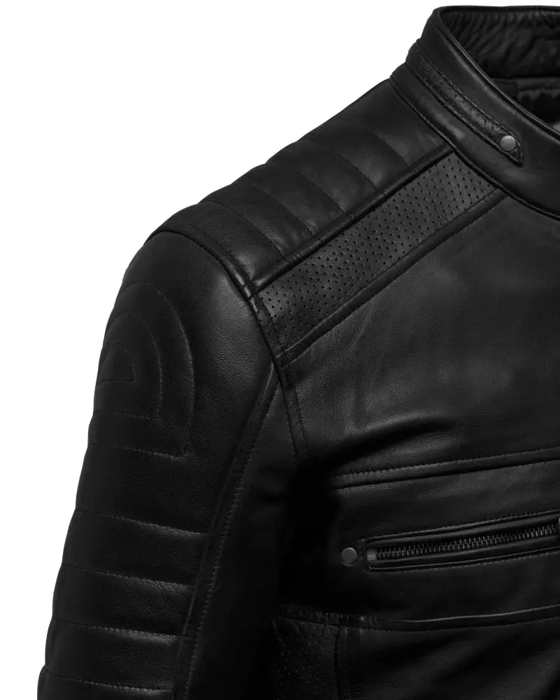 shoulder Cafe Racer Men's Real sheep Leather Jacket Black