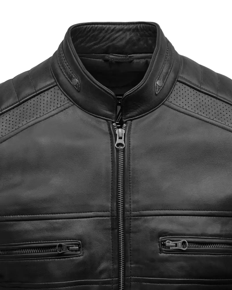 chest pocket and collar style Cafe Racer Men's Real sheep Leather Jacket Black
