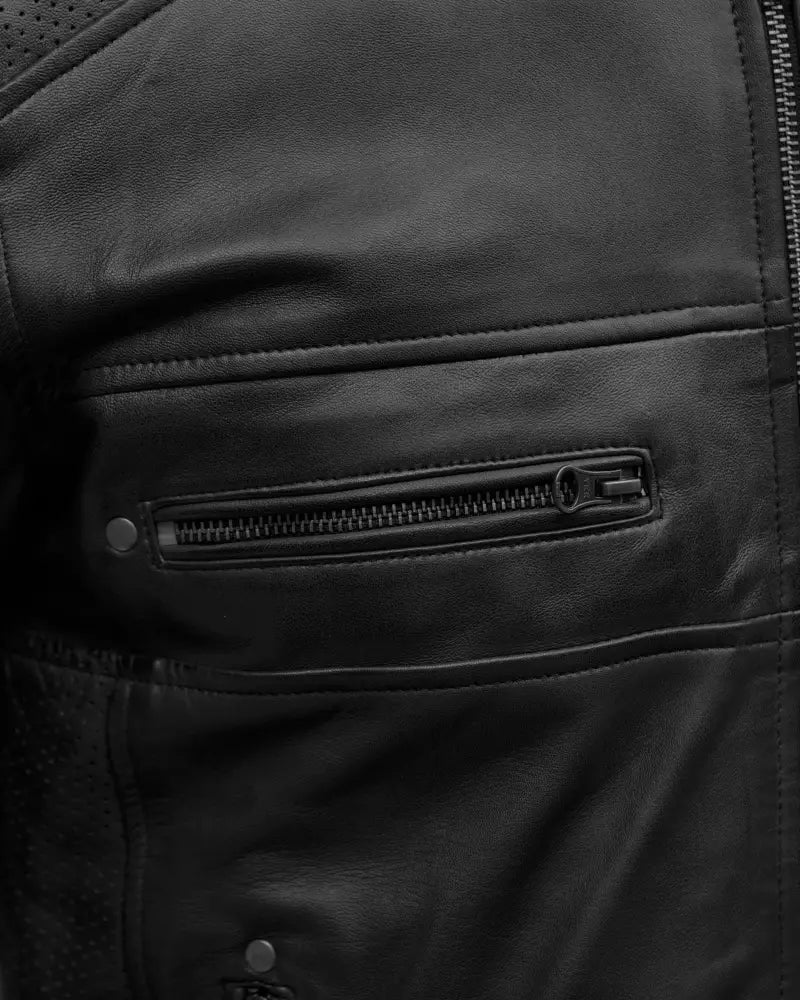 chest pocket Cafe Racer Men's Real sheep Leather Jacket Black