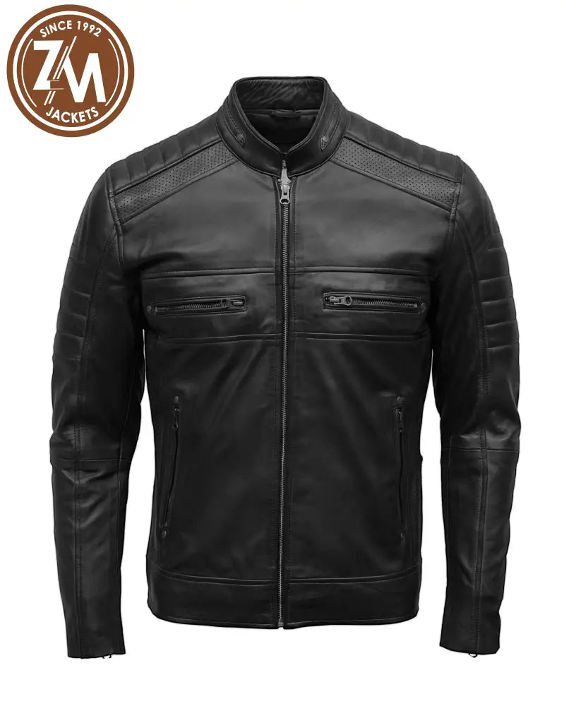 Front Cafe Racer Men's Real sheep Leather Jacket Black
