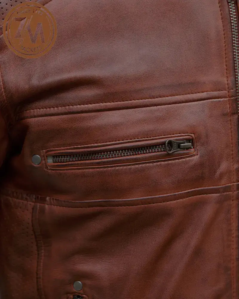 Cafe Racer Men’s Real Sheep Leather Jacket Cognac chest pocket