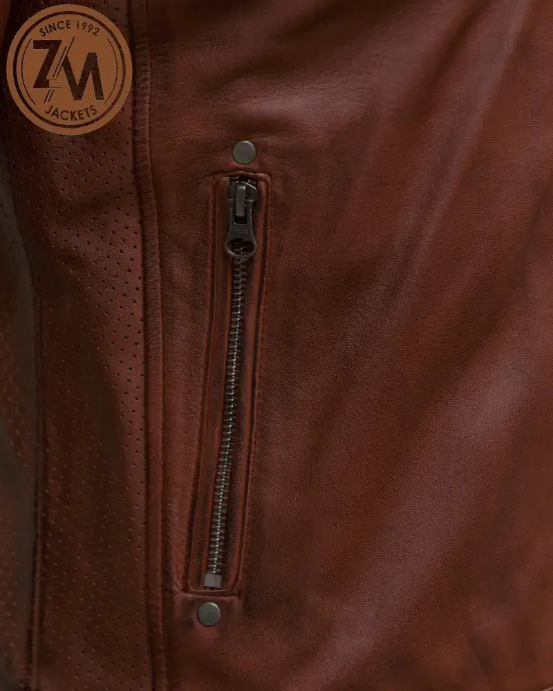 Cafe Racer Men’s Real Sheep Leather Jacket Cognac hand pocket