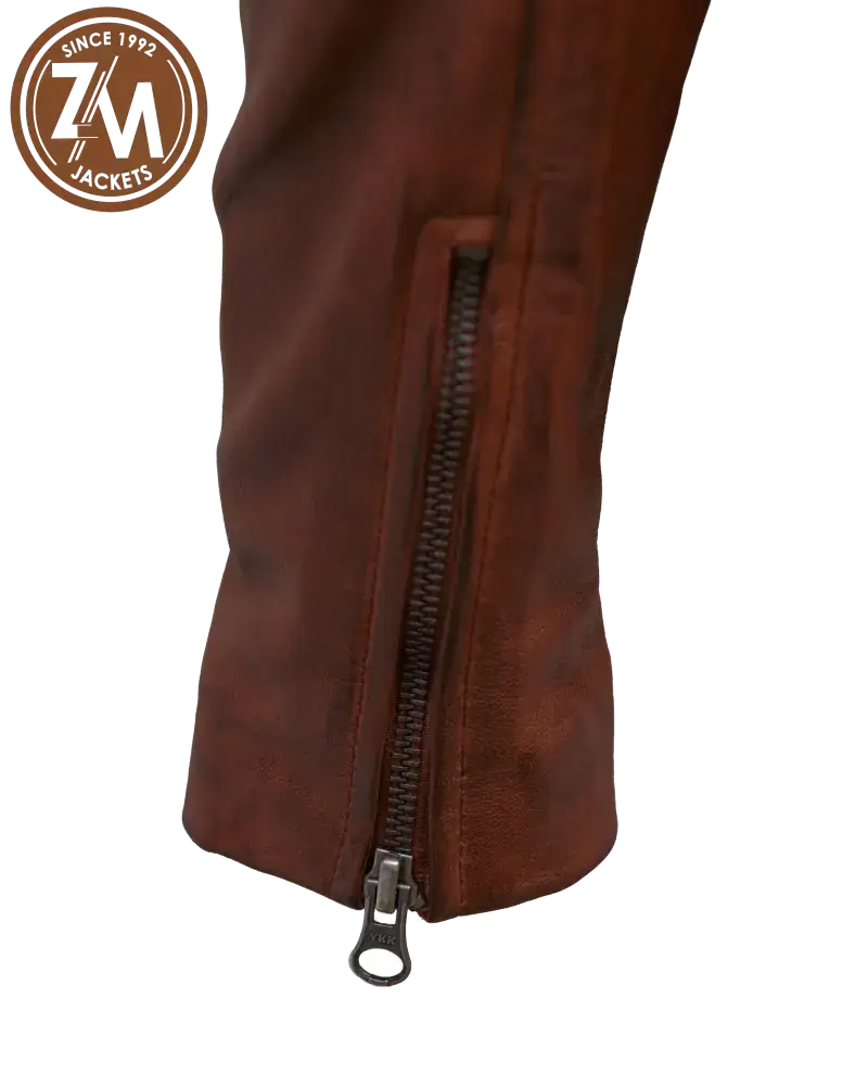 Cafe Racer Men’s Real Sheep Leather Jacket Cognac cuff zipper