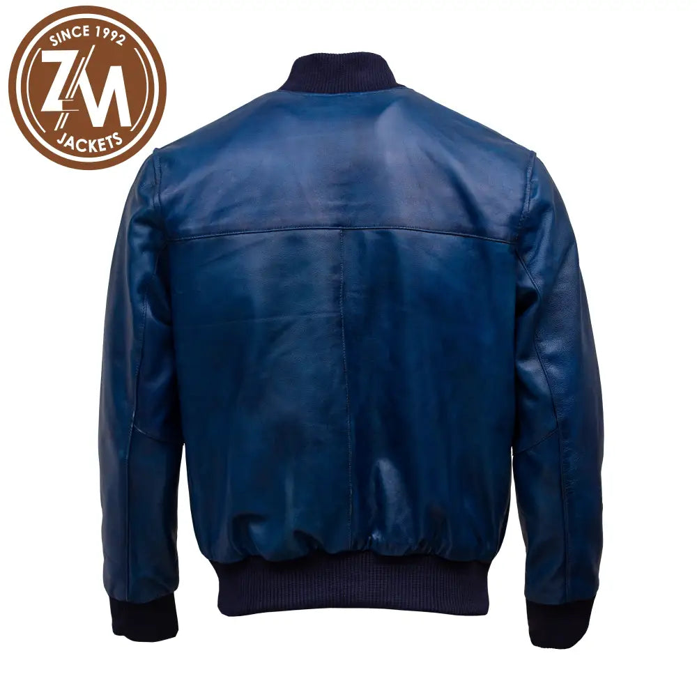 back Men’s Real sheep Leather Jacket Ocean Blue - Cafe Racer By ZM Men jacket