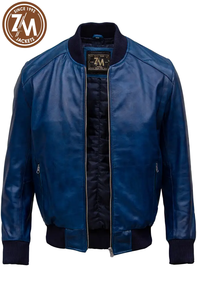 front Baseball Men’s Real Sheep Leather Jacket Ocean Blue Men Jacket