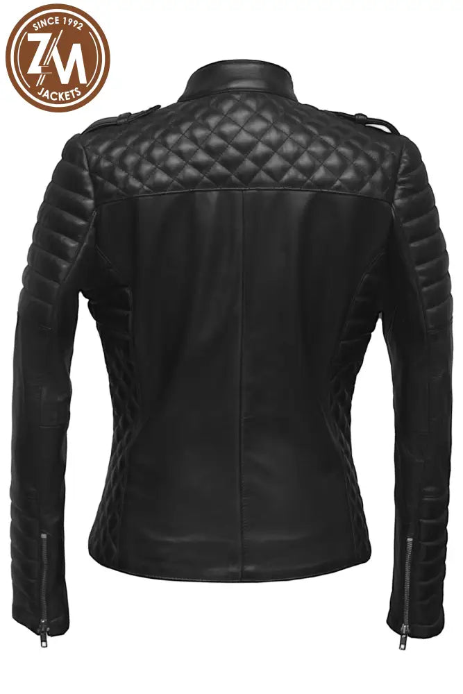 Monic Womens Black Asymmetrical Biker Leather Jacket Ladies Jacket back view
