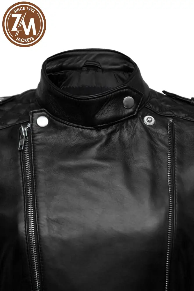Monic Womens Black Asymmetrical Biker Leather Jacket Ladies Jacket collar closer