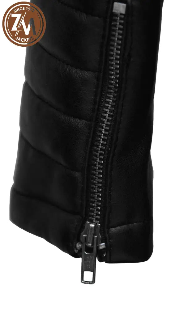 Monic Womens Black Asymmetrical Biker Leather Jacket Ladies Jacket cuff zipper