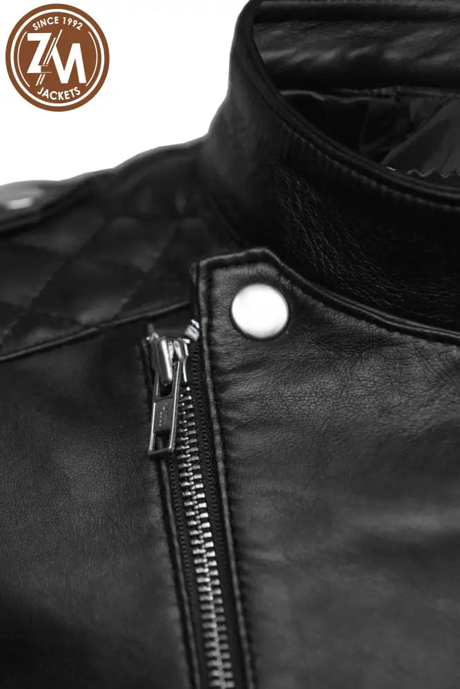 Monic Womens Black Asymmetrical Biker Leather Jacket Ladies Jacket zipper button closer