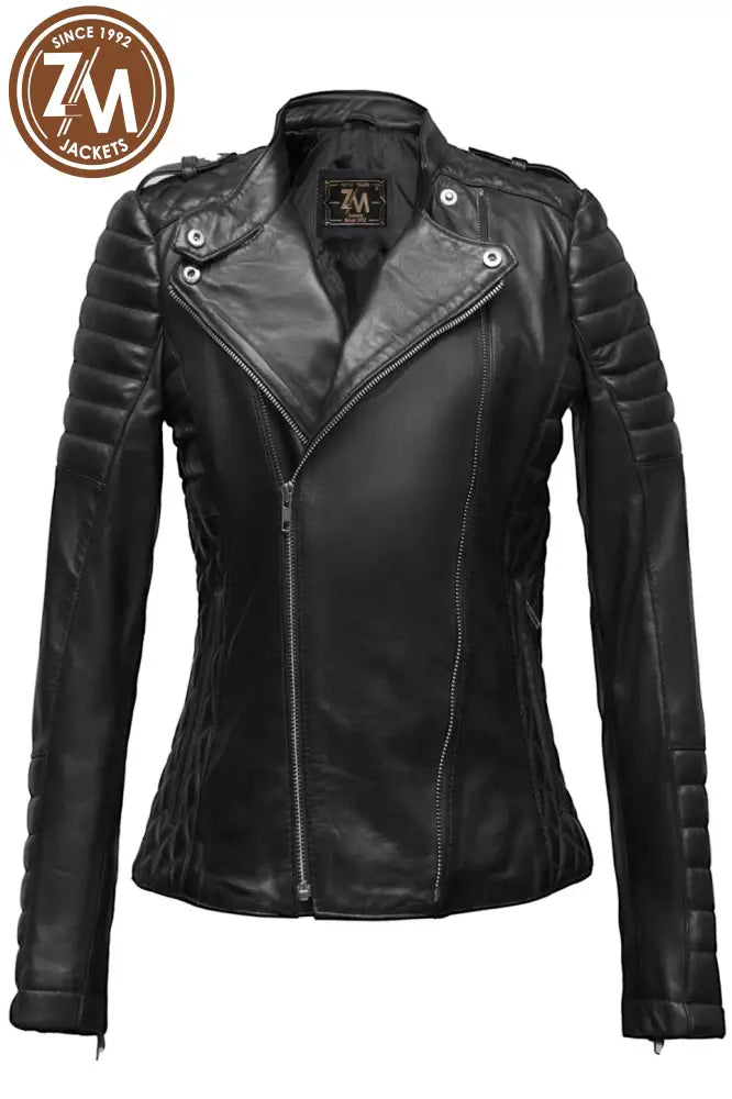 Monic Womens Black Asymmetrical Biker Leather Jacket Xs Ladies Jacket front view