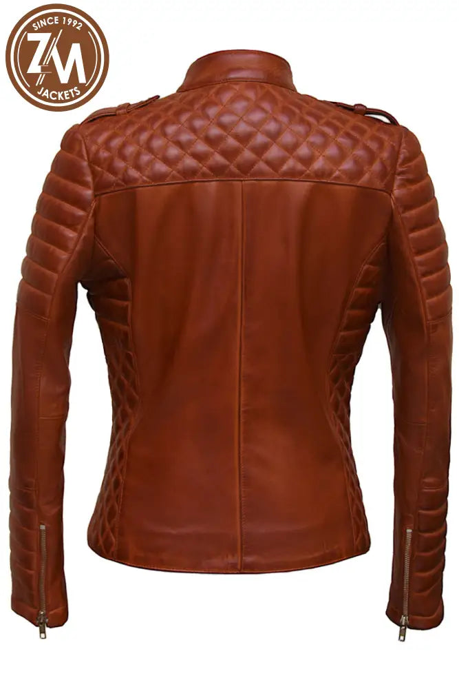 Monic Womens Cognac Asymmetrical Biker Leather Jacket Ladies Jacket back style