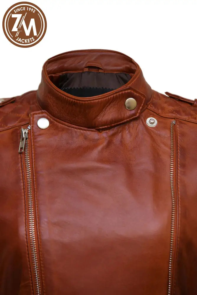 Monic Womens Cognac Asymmetrical Biker Leather Jacket Ladies Jacket collar closer