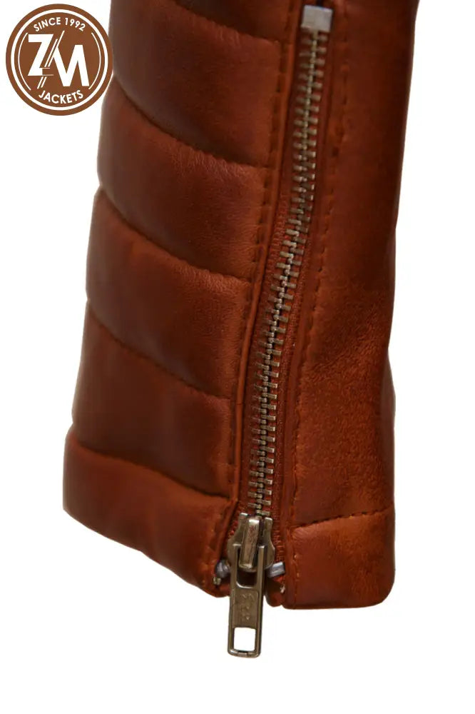 Monic Womens Cognac Asymmetrical Biker Leather Jacket Ladies Jacket cuff zipper