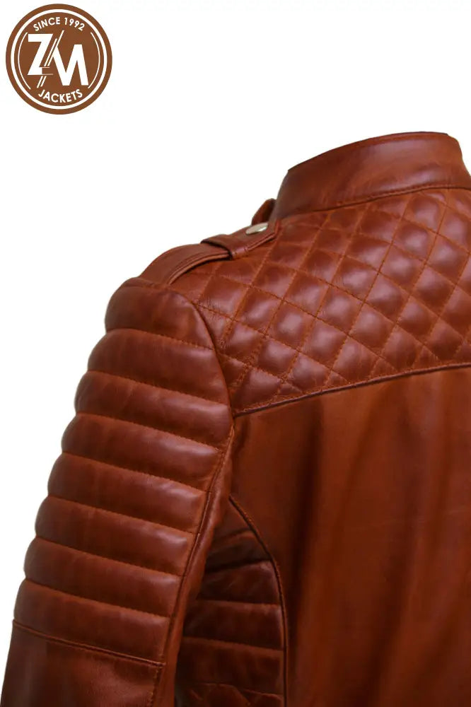 Monic Womens Cognac Asymmetrical Biker Leather Jacket Ladies Jacket shoulder and arm style