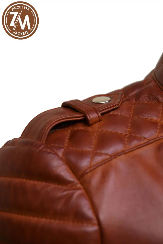 Monic Womens Cognac Asymmetrical Biker Leather Jacket Ladies Jacket shoulder strap