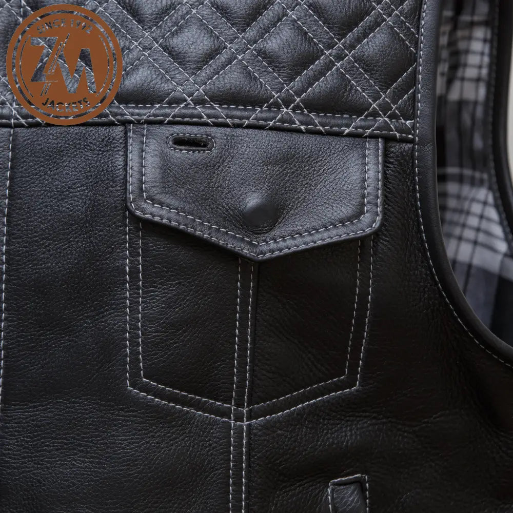 Winston Real Sheep Black Leather vest Coat Men’s Men Waist Coat chest flap pocket