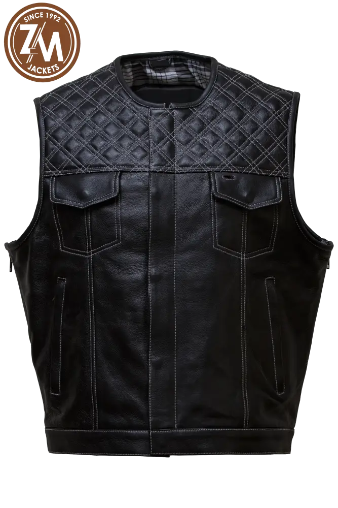 Winston Real Sheep Black Leather vest Coat Men’s Men Waist Coat front view
